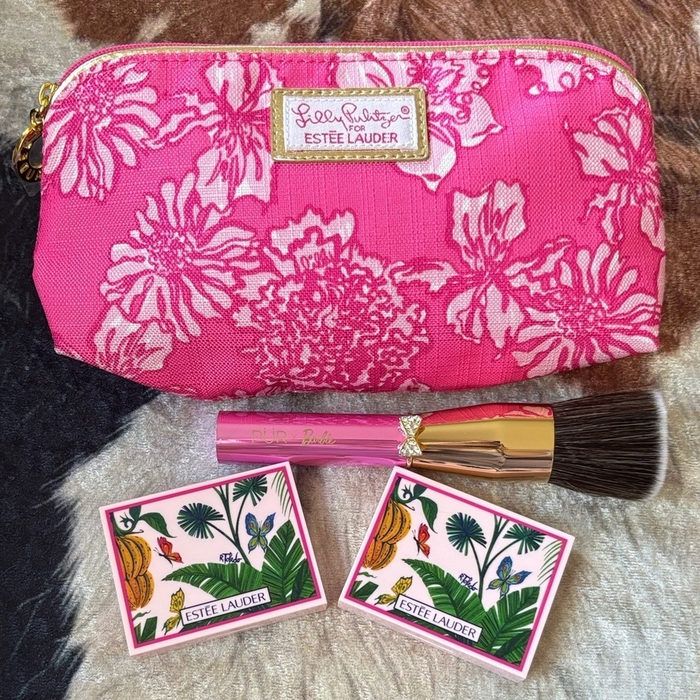 Brand New Estee Lauder x Lilly Pulitzer Cosmetic Bag Bronzers PUR Barbie Brush
